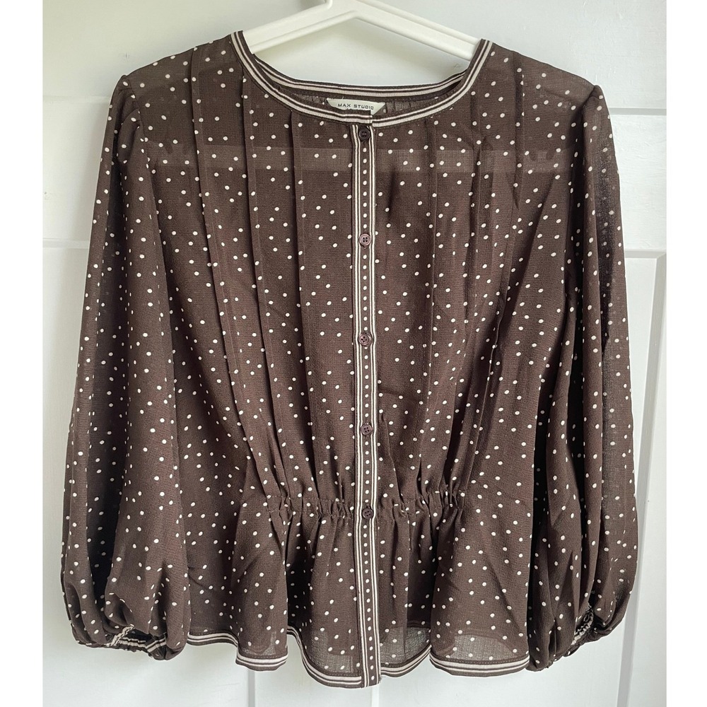 Max Studio Brown Polka Dot Blouse Size S Sheer Work Button Up Office Coquette